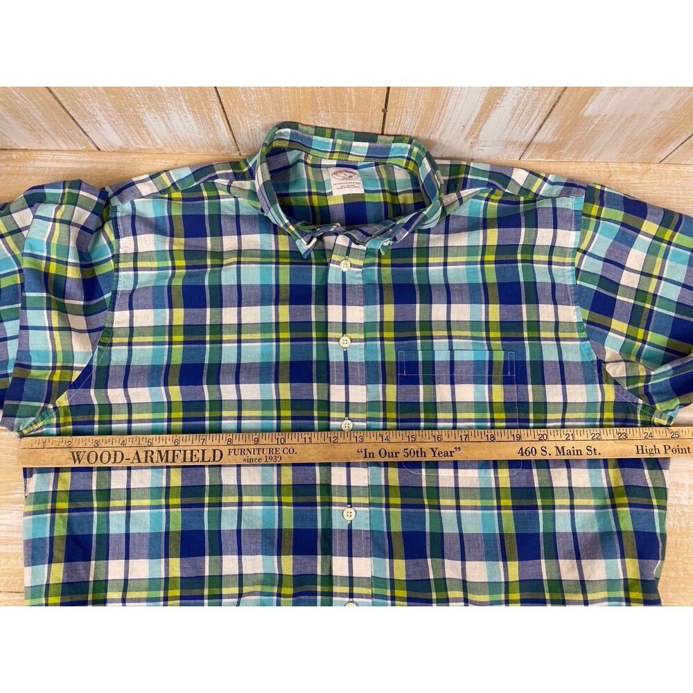 Brooks Brothers 346 Men’s L Cotton Short Sleeve Shirt Blue Green Plaid Pocket - Picture 5 of 8
